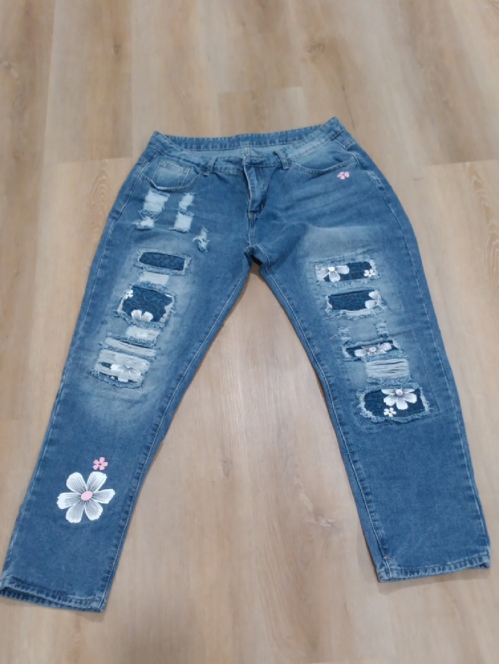 Blue Floral Patch Distressed Boyfriend Jeans